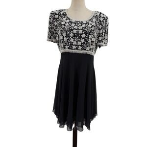 Vtg 80s 90s Laurence Kazar Pearl Beaded Black Cocktail Dress Sz L Romantic Flowy